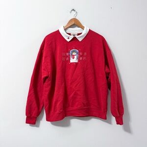 Vintage Top Stitch Snowman Red Collared Crewneck Sweatshirt Grandma Holiday